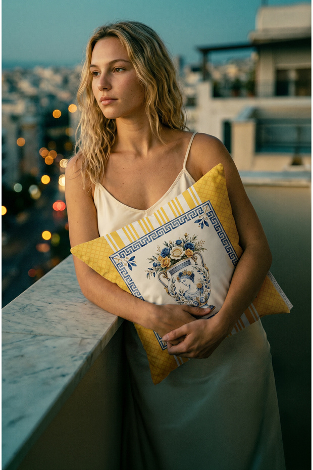 Juan Yellow Greek Patterned Square Throw Pillow Cover 43 X 43 cm Double-Sided Throw Pillow Cover 1 Pc