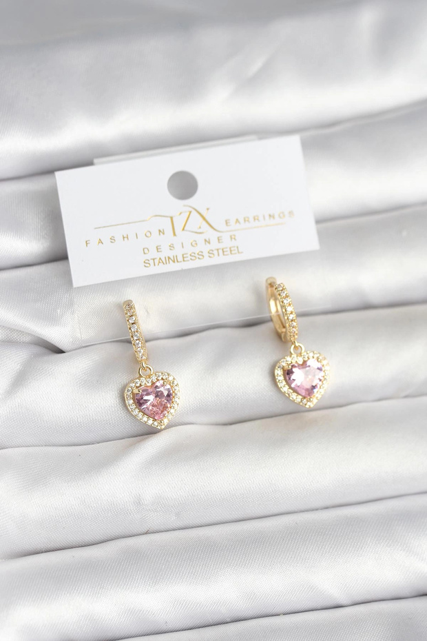 Brass Gold Pink Color Zircon Stone Heart Model Women's Earrings
