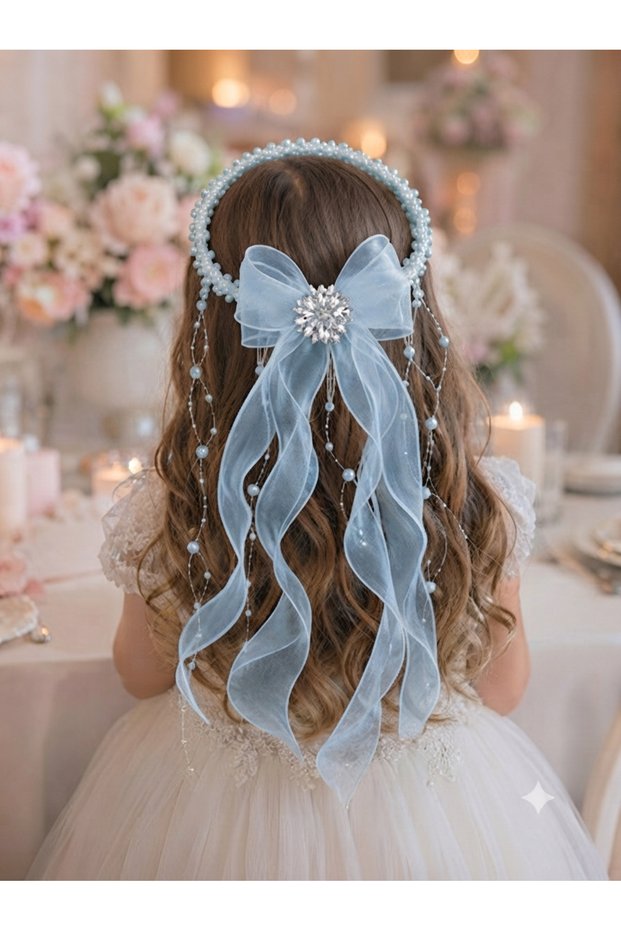Refika's Crowns Princess Model Pendant with Pearls and Stones Organza Tulle Bow Tail Children's Hair Crown Wedding Dress Buckle