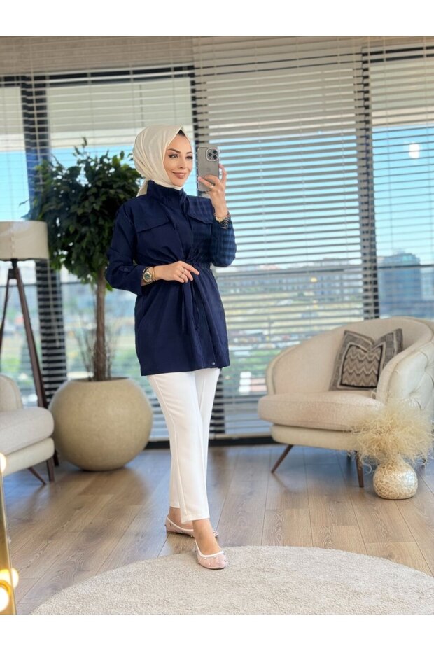 2346 سترة برباط عند الخصر باللون الأزرق الداكن