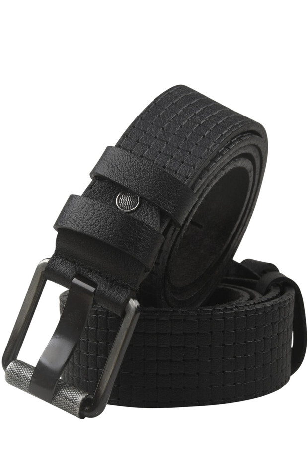 Black 100% Genuine Leather Men's Belt with Square Pattern, Easy to Shorten, Jeans Belt 2602681