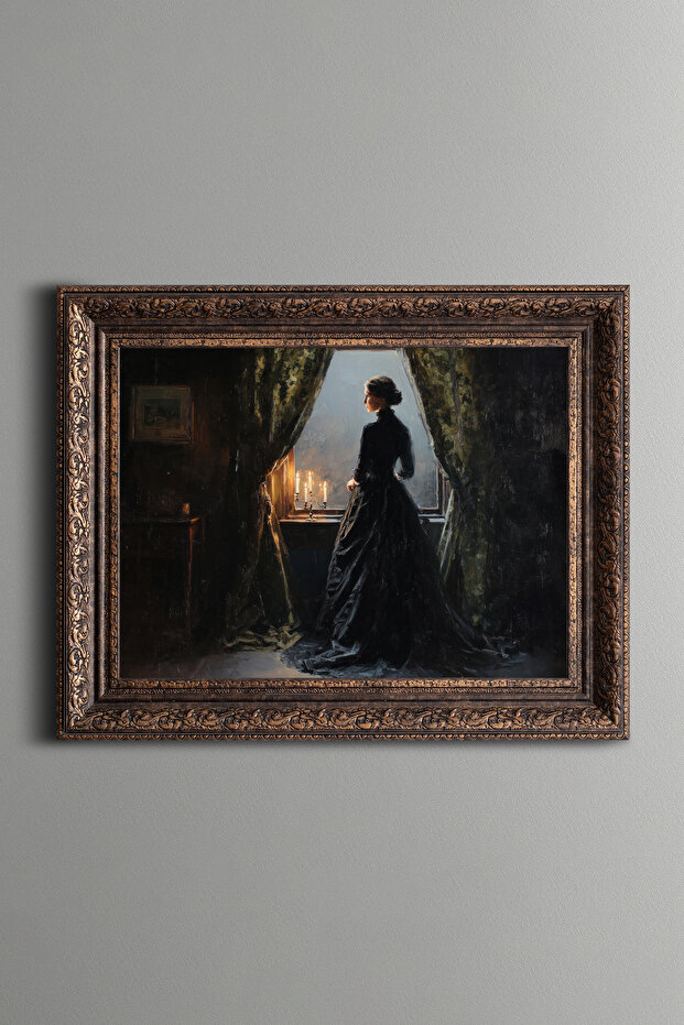 Woman in Front of the Window and by the Candlelight - Vintage Patterned Painting - Thick Model