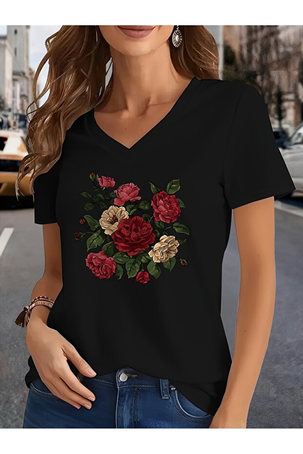 Women's Mix Printed V-Neck Sleeved Regular Fit Comfortable T-Shirt