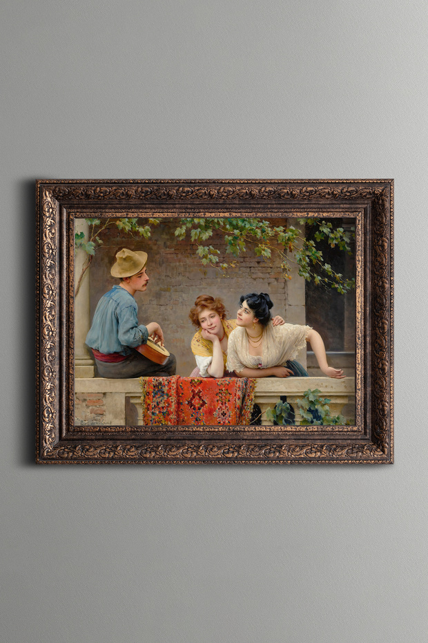 Musician and Two Women - Vintage Patterned Painting - Thick Model