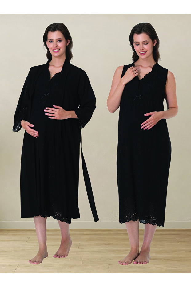 Scalloped Fabric Maternity Nightgown Set with Nursing Features and Dressing Gown
