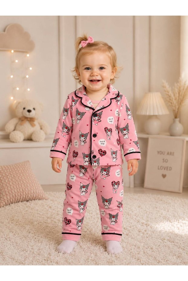 100% Cotton Long Sleeve Buttoned Seasonal Cute Character Patterned Soft Textured Bottom and Top Girls Boys Unisex Baby Pajama Set