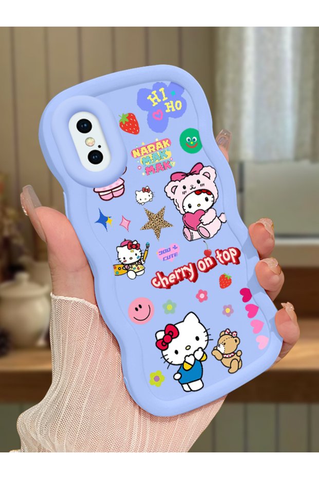 iPhone XS Compatible Case Camera Protector Blue Silicone Couple Phone Case Kitty Pattern