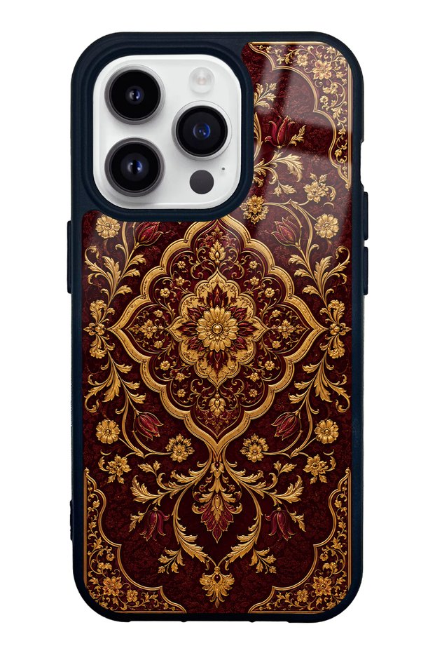 iPhone 14 Pro Burgundy Glossy Phone Case with Ottoman Gold Design