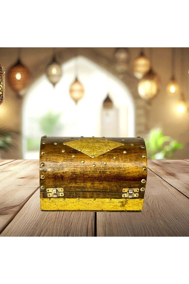 Handcrafted Wooden Box with Brass Fittings Antique Golden Finish (W:5''L:8''D:5'')