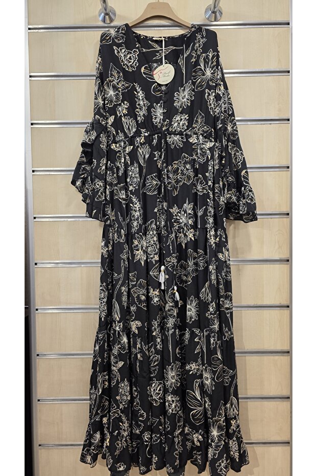 Indian Dress with Long Sleeves, Patterned, Tassel Detail, Elastic Waist