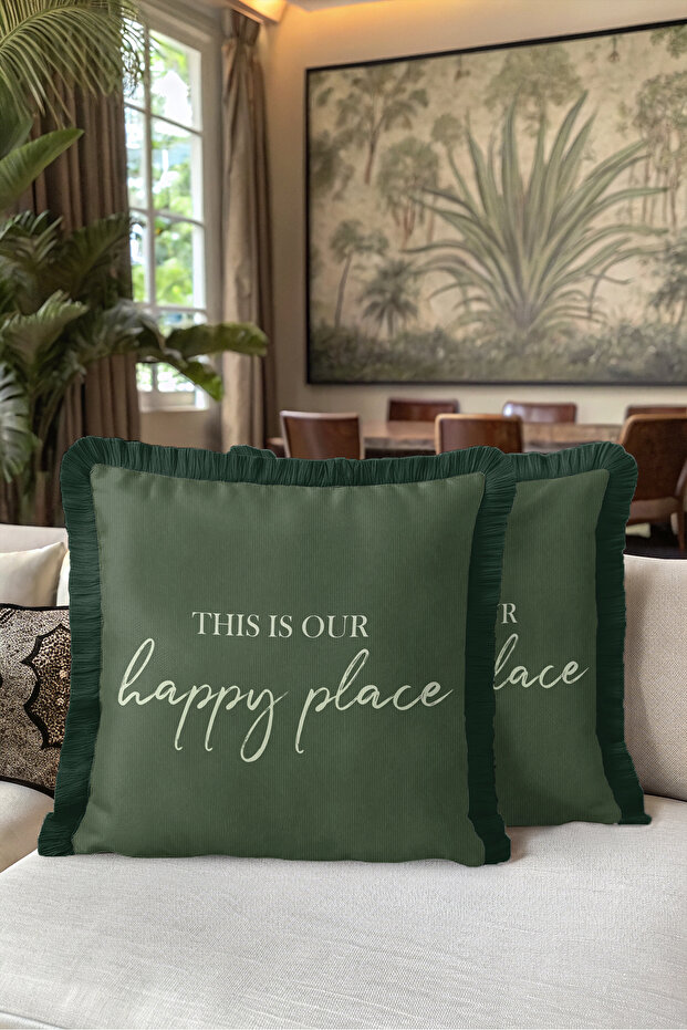 This Is Our Happy Place Written Decorative Fringed Pillowcase-Khaki Cream Gray Tasseled Throw Pillow Cover