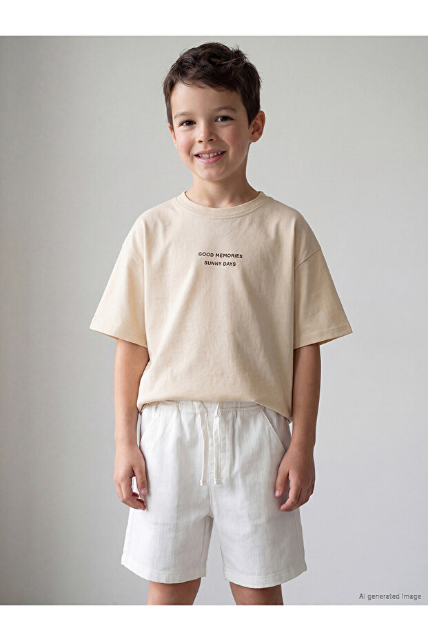 Nevavm Oval Collar Slogan Printed Boy's T-Shirt
