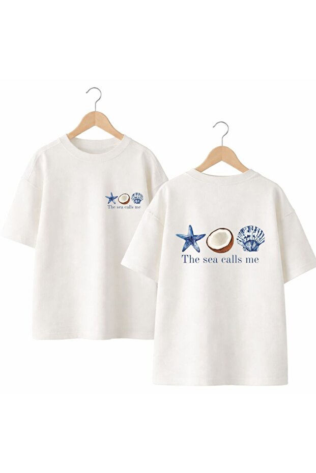 The Sea Calls Me Back and Front Chest Printed 100% Cotton Oversize Loose Regular Fit Crew Neck T-Shirt