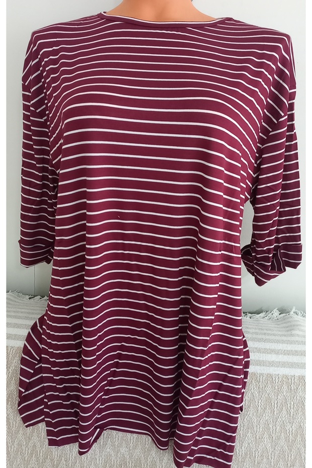 Er Clothing Summer Combed Cotton Blouse Crew Neck Capri Sleeve Burgundy Striped