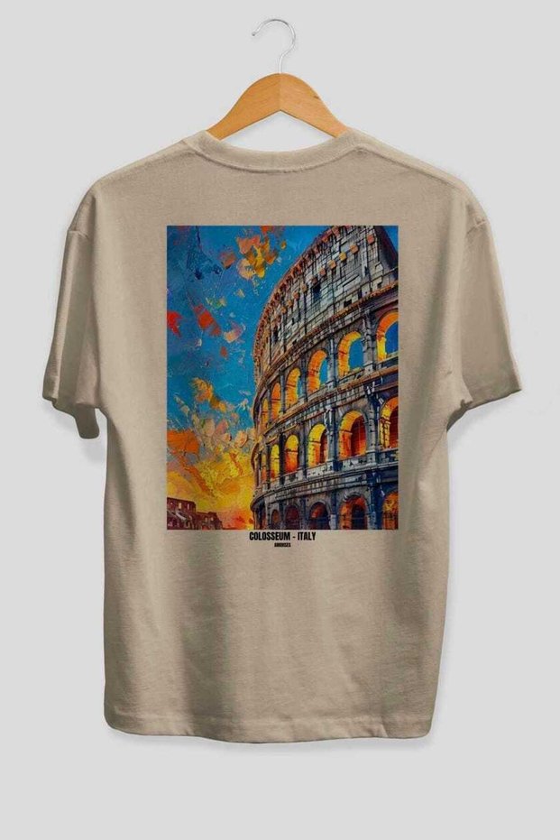 Colosseum Italy 4 Beige Oversize Country City Back Printed Unisex T-Shirt 100% Cotton Premium