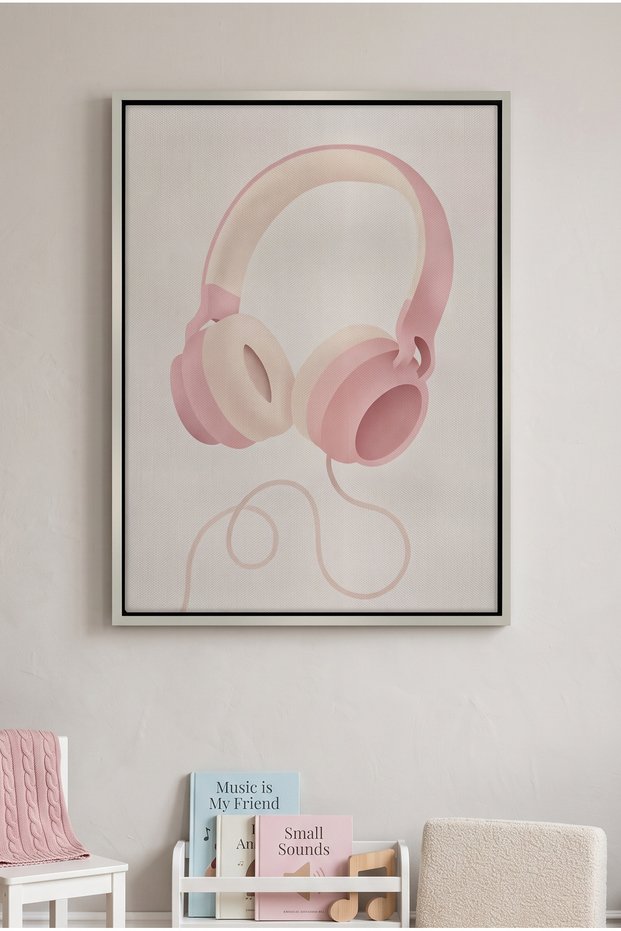 Minimalist Pink Headphones Kids Wall Art | Portrait Framed Canvas Print | Luxury Modern Decor for Kids Room
