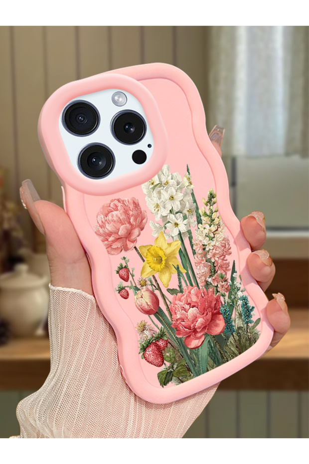 iPhone 16 Pro Compatible Case with Camera Protection Pink Silicone Couple Phone Case with Floral Pattern