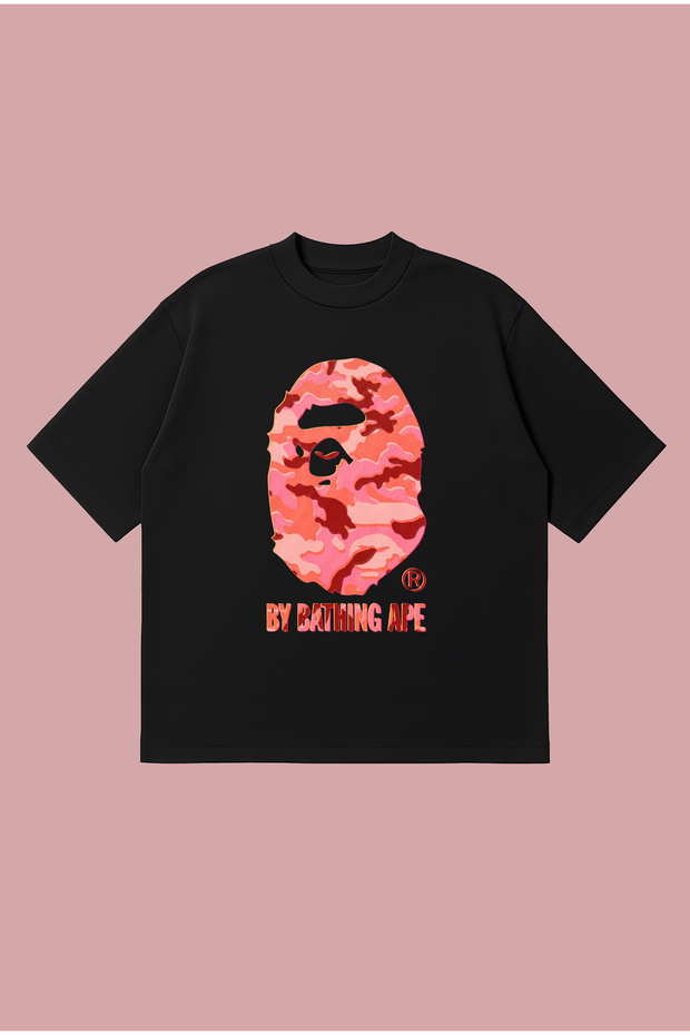 Pink Glitch Bape Printed Oversize Boxy Cut Unisex 100% Cotton Tshirt | Streetwear