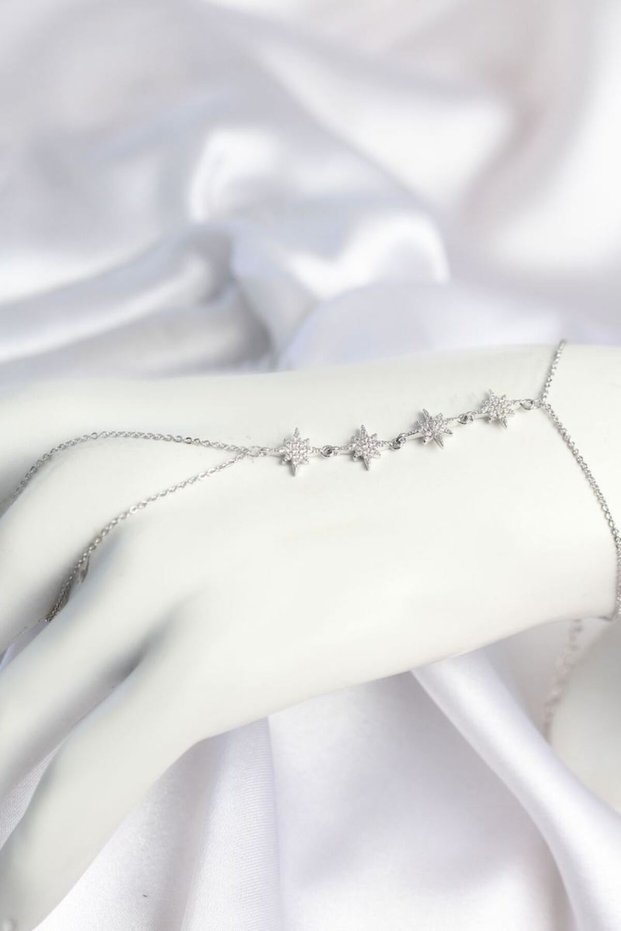 Silver Color Zircon Stone Rowed Pole Star Model Şahmeran
