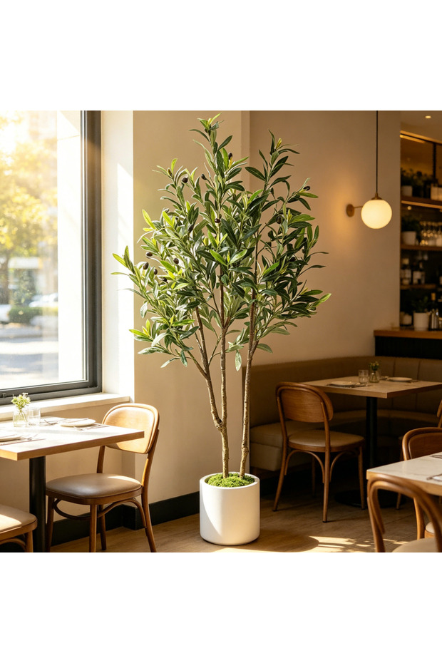 Realistic Double Trunk Faux Olive Tree 122cm, Artificial Olive Floor Plant with Bendable Branches, Cement Base & Lush Moss, No Care Fake Tree for Modern Home & Cafe