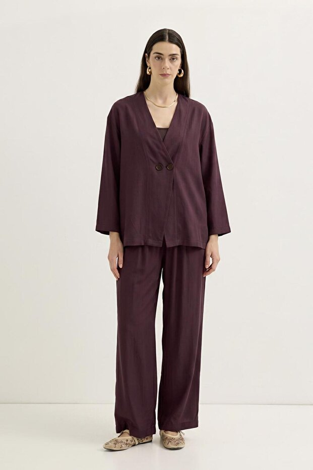 Double-Breasted Closure Modal Tunic Trouser Set Burgundy