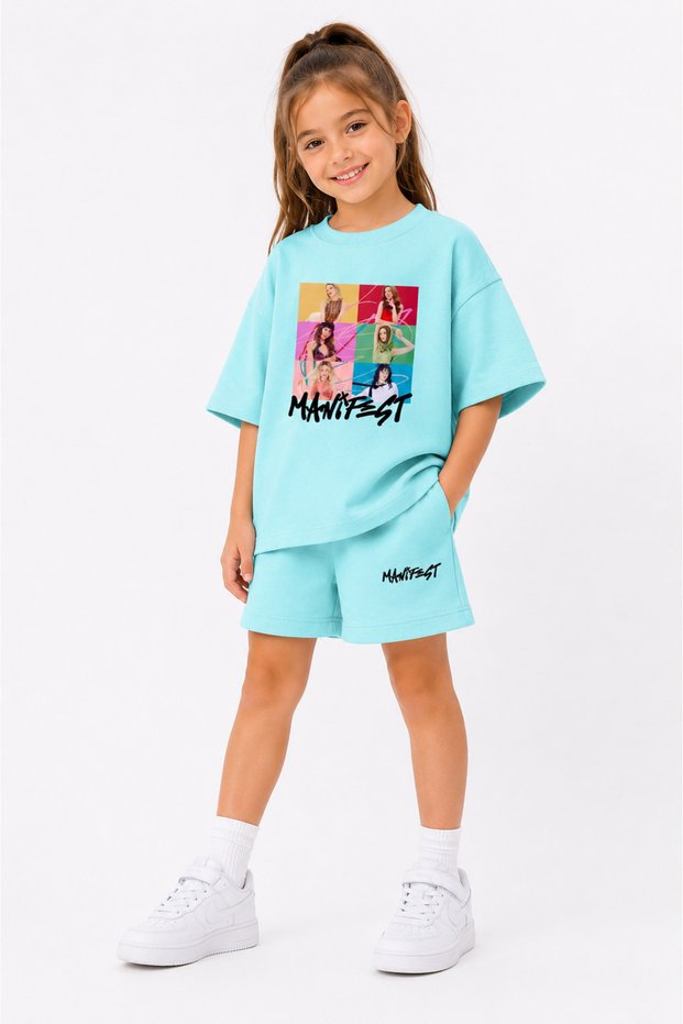 Manifest Girls M6Nifestgirls Printed Oversize 100% Cotton T-Shirt Shorts 2-Piece Children's Set