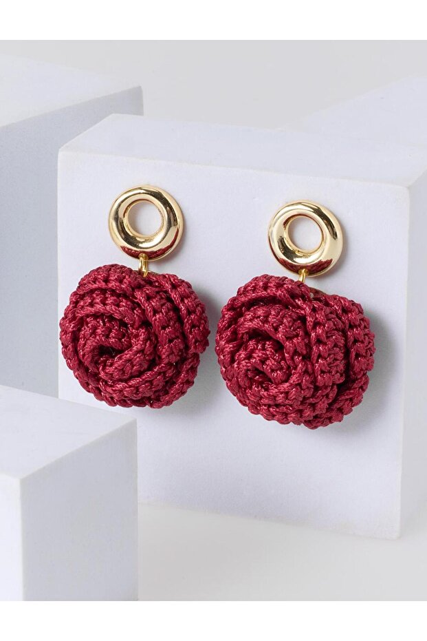 Burgundy Rose Figured Dangle Macrame Earrings