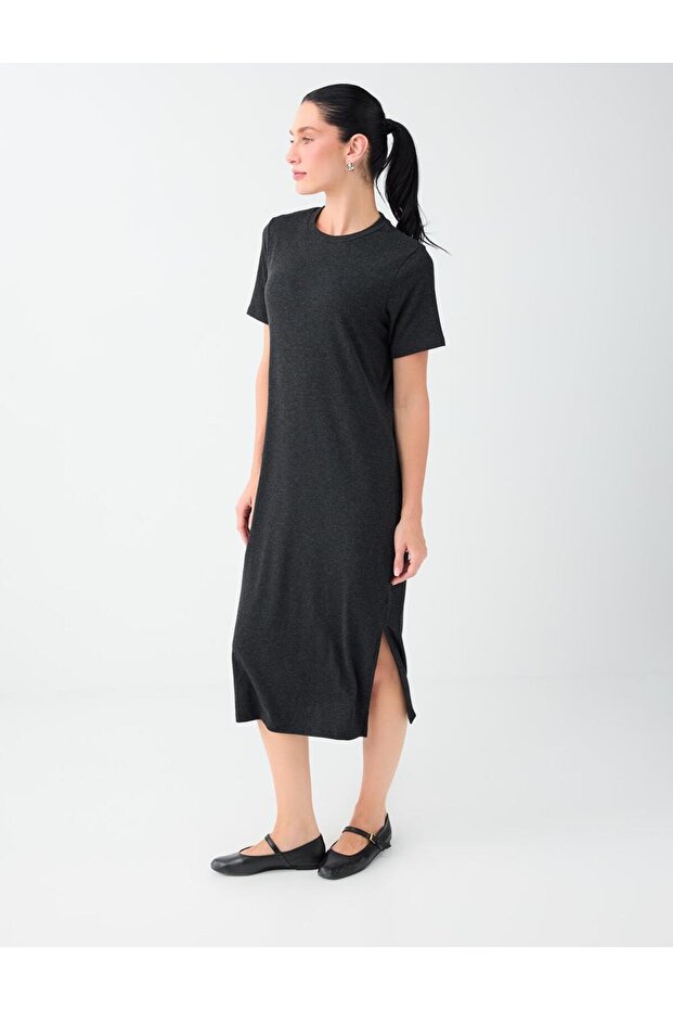 Anthracite Melange Straight Cut Crew Neck Short Sleeve Knitted Dress