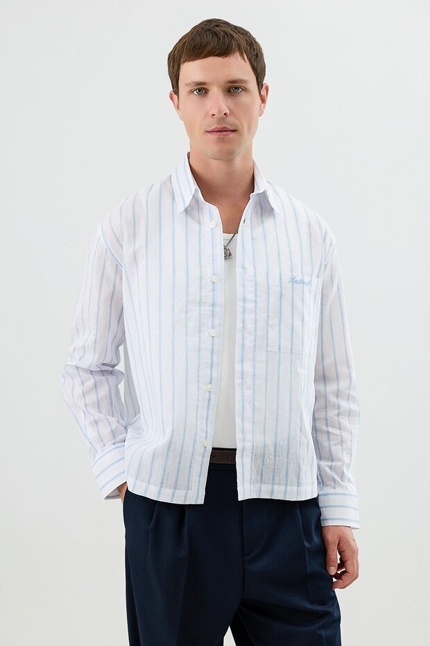 Baby Blue Linen Blend Boxy Fit Men's Shirt