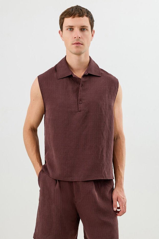 Burgundy Lyocell Blend Crop Fit Sleeveless Men's Shirt