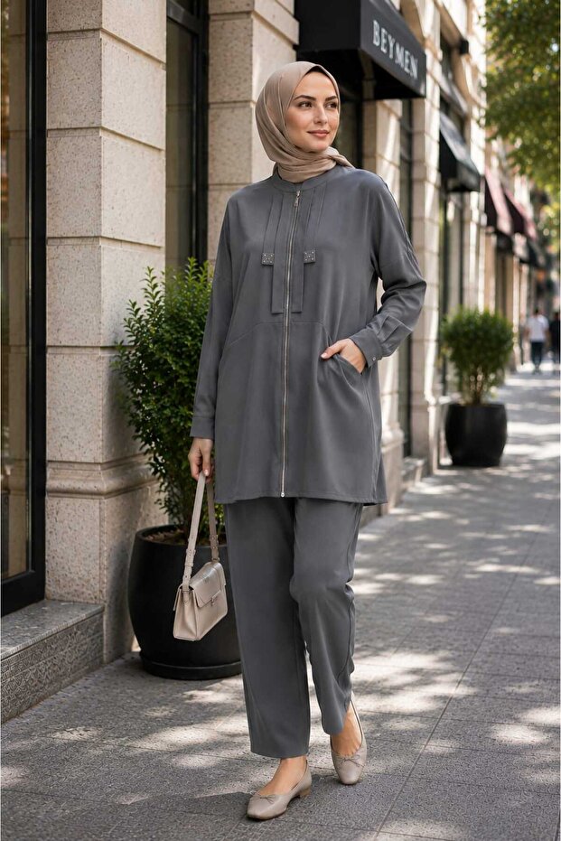 Women's Comfortable Fit Zippered High Collar Soft Fabric Trousers Tunic Set