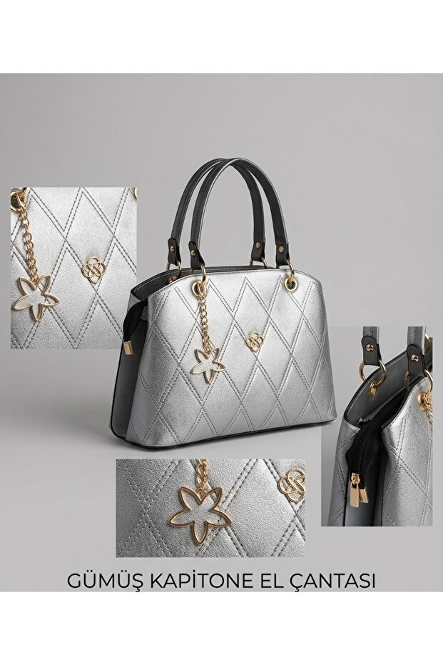 Mother / Women's Quilted Patterned Hand and Shoulder Bag - 3 Compartments, Stylish Daily Bag with Long Strap