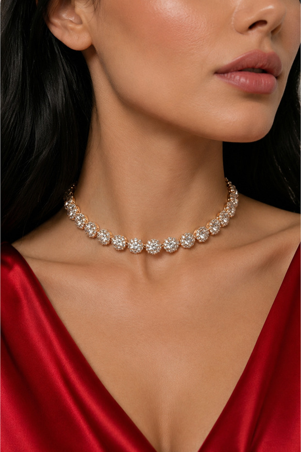 Gold Color Zircon Stone Choker Necklace – Elegant Women's Neck Chain with Sparkling Round Stone Detail – Special Occasion & Event Accessory
