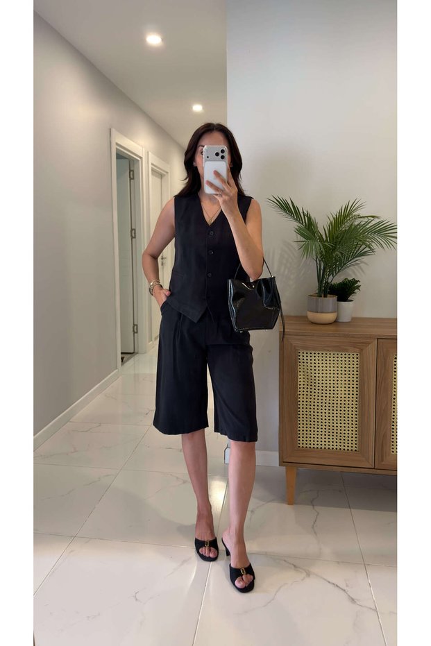 Frella Black Belted Vest Suit