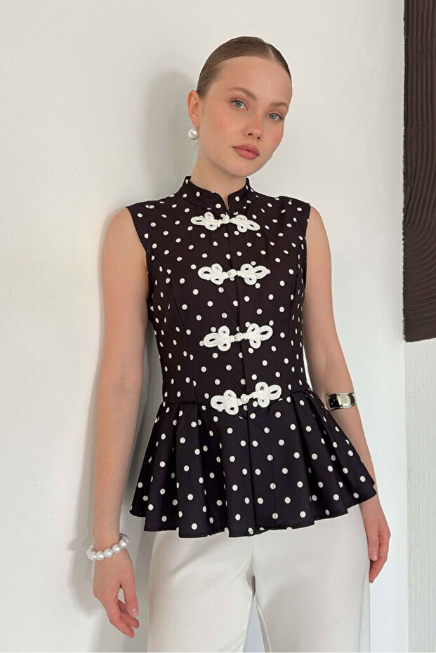 Chinese Buttoned Polka Dot Blouse - Black | D3074