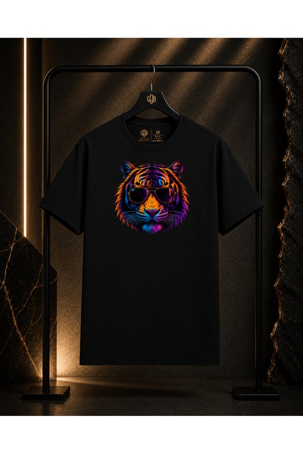 Unisex Premium Tiger Front Chest Printed 100% Cotton Oversize Crew Neck Short Sleeve T-Shirt Black