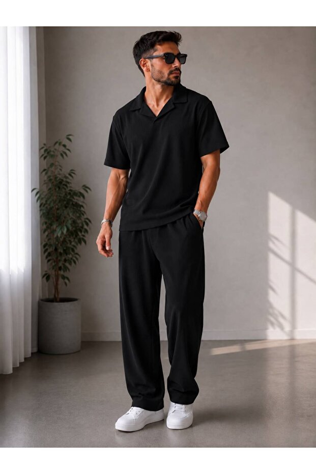 Trend Men's Black Lycra Ottoman Patched T-Shirt Baggy Bottom Top Set