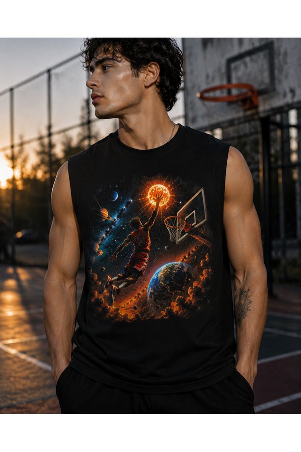 Oversize Zero Sleeve Basketball Space Earth Sun Graphic Printed Streetwear Sport Athlete