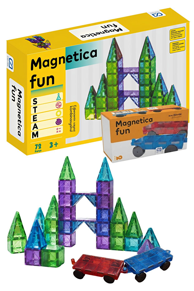 Magnetica Fun Super Fun Educational Magnetic Play Blocks Set with 72 Pieces and Car Attachment for Ages 3+