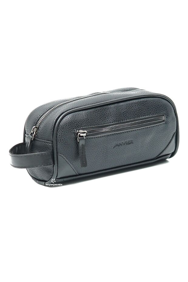 Men's Black Leather Handbag Portfolio Travel Shaving and Cosmetic Bag