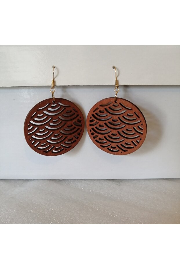 Authentic Wood Balsa Wood Light Coffee Laser Cut Round Dangle Earrings Size 7X5 cm
