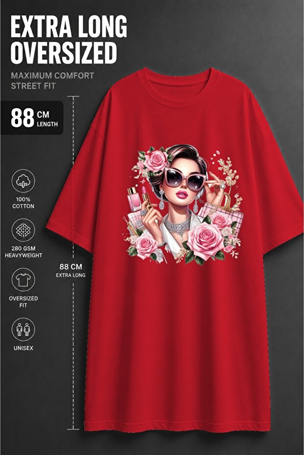 Women's Extra Long Oversize Women's Figured Rose Printed Tunic T-Shirt