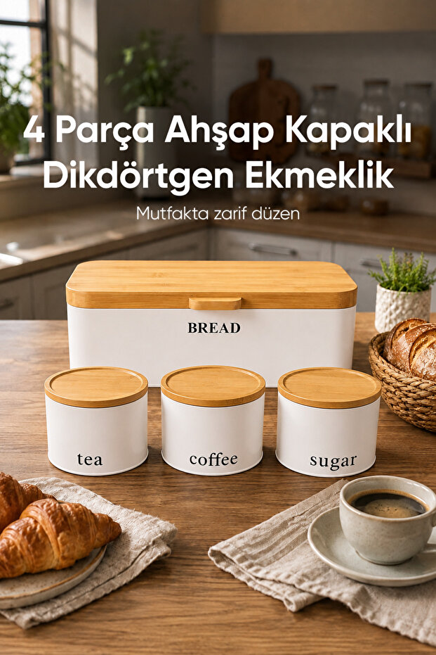 Rectangular Metal Bread Box with Wooden Lid and Set of 3 Round Tea, Coffee, and Sugar Storage Containers White