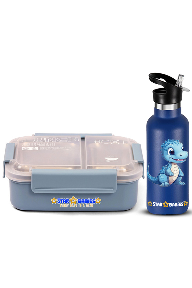 Premium SS304 Stainless Steel Bento Box with Dual Compartments & Leakproof Insulated Water Bottle Set (Blue/Baby Dinosaur Theme)