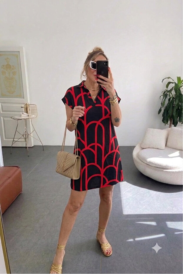 Women's Polo Collar Geometric Patterned Linen Red Black Dress with Drawstring Detail on the Sleeve