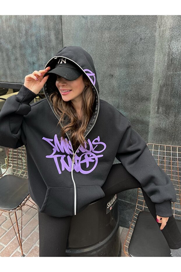 Women's Oversize Graffiti Printed Hooded Full Zip Sweatshirt