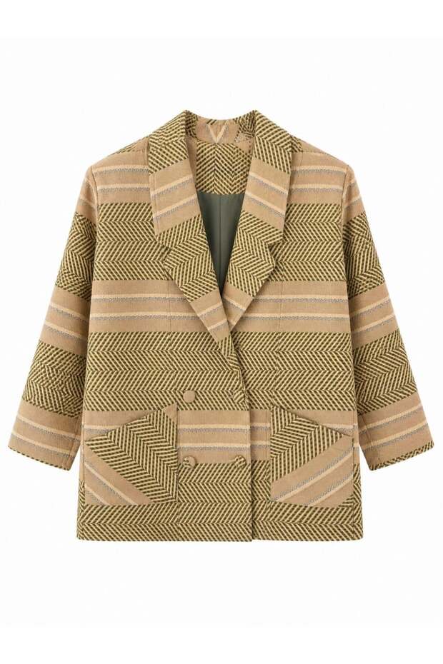 90S Retro Model Oversize Design Plaid Jacket Women's Olive Color