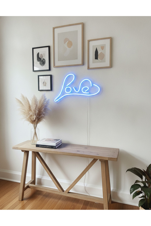 Love Yazılı LED Neon Duvar Tablosu | Mavi Aydınlatmalı Modern Dekor | Yatak Odası - 5