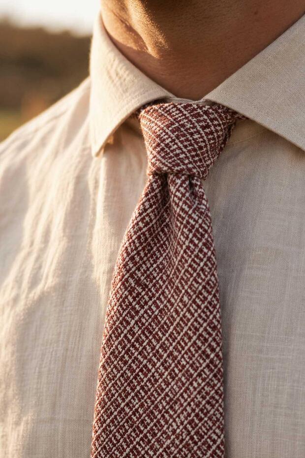 Burgundy White Classic Linen Tie Kk13876