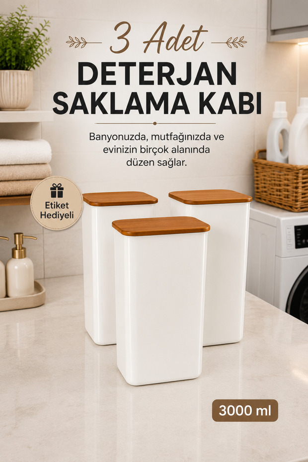3-Piece 3 Lt Labeled Detergent Storage Container with Wooden Lid – Multi-Purpose Bathroom Kitchen Organizer Box White